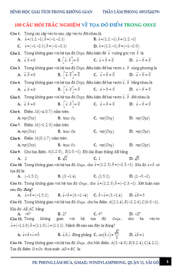 100 câu hỏi trắc nghiệm về tọa độ điểm trong oxyz – hứa lâm phong