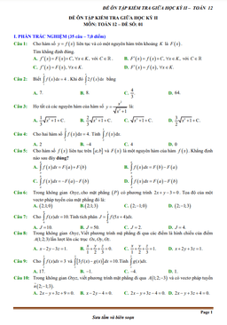 15 đề ôn tập kiểm tra giữa học kì 2 môn toán 12 (70% tn + 30% tl)