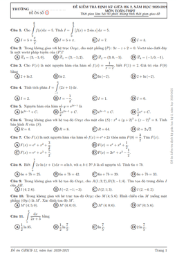 5 đề ôn thi giữa hk2 toán 12 dành cho học sinh yếu – trung bình