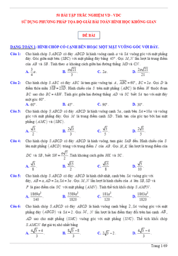 50 bài tập trắc nghiệm sử dụng phương pháp tọa độ giải bài toán hình học không gian