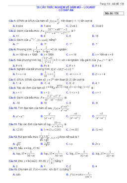 50 câu trắc nghiệm về hàm số mũ và logarit – trần thanh minh