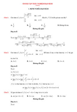 520 bài tập trắc nghiệm đạo hàm có đáp án và lời giải chi tiết