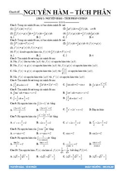 55 câu trắc nghiệm nguyên hàm, tích phân và ứng dụng – đoàn trí dũng