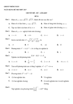 600 câu hỏi trắc nghiệm chuyên đề hàm số mũ và logarit – nhóm toán