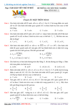 65 câu trắc nghiệm chuyên đề mặt tròn xoay – lê bá bảo