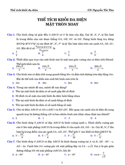 88 câu trắc nghiệm thể tích khối đa diện và mặt tròn xoay – nguyễn tất thu