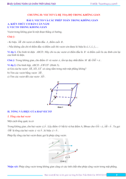 bài giảng vectơ và hệ tọa độ trong không gian toán 12 ctst