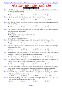 bài tập trắc nghiệm mặt cầu – hình cầu – khối cầu – nguyễn văn huy