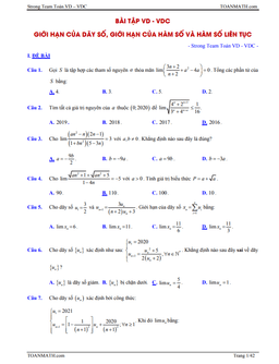 bài tập vd – vdc giới hạn của dãy số, giới hạn của hàm số và hàm số liên tục