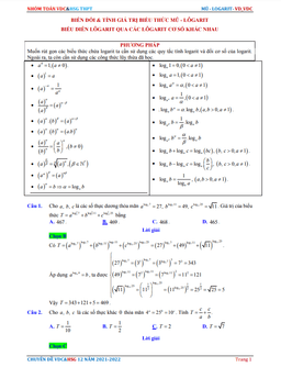 biến đổi và tính giá trị biểu thức mũ – lôgarit, biểu diễn lôgarit qua các lôgarit cơ số khác nhau