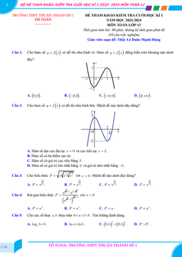 bộ đề tham khảo cuối kì 1 toán 12 năm 2023 – 2024 trường thuận thành 1 – bắc ninh