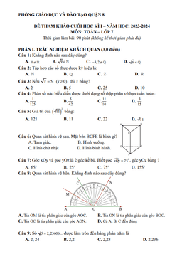 bộ đề tham khảo cuối kì 1 toán 7 năm 2023 – 2024 phòng gd&đt quận 8 – tp hcm
