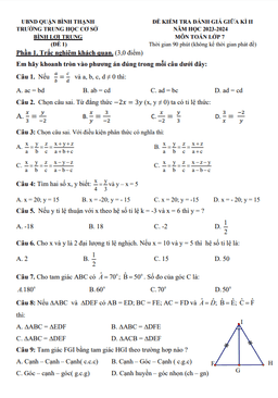 bộ đề tham khảo giữa kì 2 toán 7 năm 2023 – 2024 phòng gd&đt bình thạnh – tp hcm