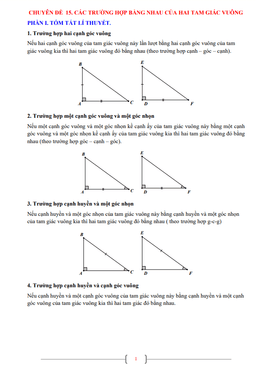 chuyên đề các trường hợp bằng nhau của tam giác vuông toán 7