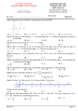 đề bán kì 1 toán 12 năm 2023 – 2024 trường thpt vũ duy thanh – ninh bình