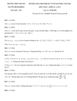 đề chọn đội tuyển olympic 2021 toán 10 lần 1 trường chuyên nguyễn bỉnh khiêm – quảng nam