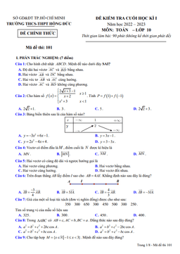 đề cuối học kì 1 toán 10 năm 2022 – 2023 trường thcs&thpt hồng đức – tp hcm