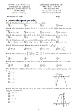 đề cuối học kì 1 toán 10 năm 2022 – 2023 trường thpt thanh đa – tp hcm