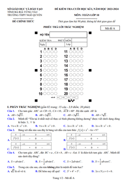 đề cuối học kì 1 toán 10 năm 2023 – 2024 trường thpt ngô quyền – br vt