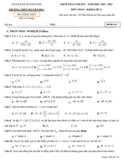 đề cuối học kì 1 toán 11 năm 2022 – 2023 trường thpt nguyễn dục – quảng nam