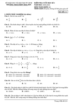 đề cuối học kì 1 toán 11 năm 2023 – 2024 trường thcs – thpt hoa sen – tp hcm