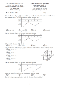 đề cuối học kì 1 toán 12 năm 2022 – 2023 trường thpt thanh đa – tp hcm