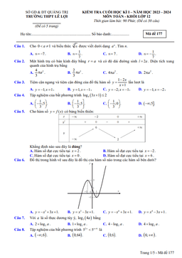 đề cuối học kì 1 toán 12 năm 2023 – 2024 trường thpt lê lợi – quảng trị