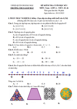 đề cuối học kì 1 toán 6 năm 2023 – 2024 trường thcs giáp bát – hà nội