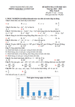 đề cuối học kì 1 toán 8 năm 2023 – 2024 phòng gd&đt chí linh – hải dương