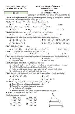 đề cuối học kì 1 toán 8 năm 2023 – 2024 trường thcs đa tốn – hà nội