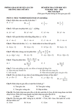 đề cuối học kì 1 toán 8 năm 2023 – 2024 trường thcs mỹ đức – hải phòng