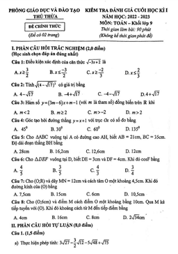 đề cuối học kì 1 toán 9 năm 2022 – 2023 phòng gd&đt thủ thừa – long an