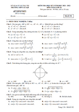 đề cuối học kì 2 toán 10 năm 2021 – 2022 trường thpt lê lợi – quảng trị