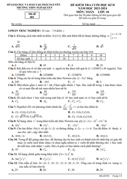 đề cuối học kì 2 toán 10 năm 2023 – 2024 trường thpt ngô quyền – thái nguyên