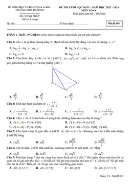 đề cuối học kì 2 toán 11 năm 2023 – 2024 trường thpt đầm dơi – cà mau