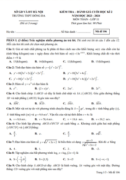 đề cuối học kì 2 toán 11 năm 2023 – 2024 trường thpt đống đa – hà nội