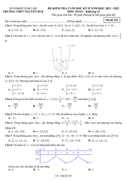 đề cuối học kì 2 toán 12 năm 2021 – 2022 trường thpt nguyễn huệ – đắk lắk