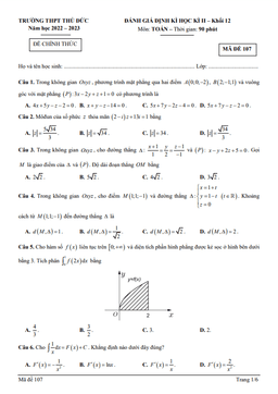 đề cuối học kì 2 toán 12 năm 2022 – 2023 trường thpt thủ đức – tp hcm