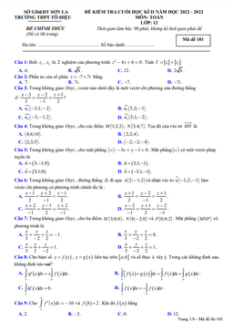 đề cuối học kì 2 toán 12 năm 2022 – 2023 trường thpt tô hiệu – sơn la