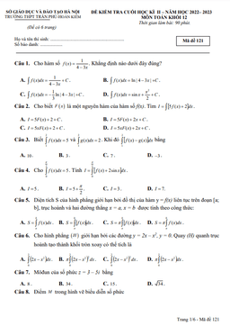 đề cuối học kì 2 toán 12 năm 2022 – 2023 trường thpt trần phú – hà nội