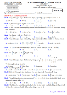 đề cuối học kì 2 toán 12 năm 2023 – 2024 sở gd&đt bình phước
