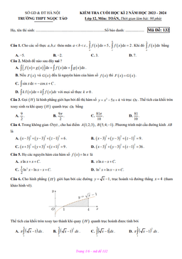 đề cuối học kì 2 toán 12 năm 2023 – 2024 trường thpt ngọc tảo – hà nội