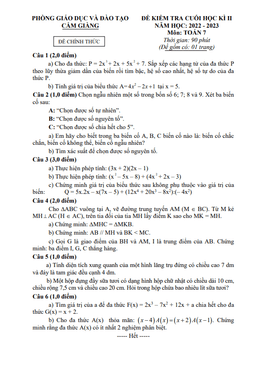 đề cuối học kì 2 toán 7 năm 2022 – 2023 phòng gd&đt cẩm giàng – hải dương