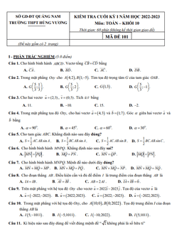 đề cuối học kỳ 1 toán 10 năm 2022 – 2023 trường thpt hùng vương – quảng nam