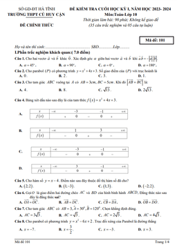 đề cuối học kỳ 1 toán 10 năm 2023 – 2024 trường thpt cù huy cận – hà tĩnh