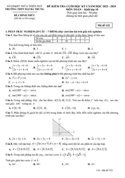 đề cuối học kỳ 1 toán 10 năm 2023 – 2024 trường thpt hai bà trưng – tt huế