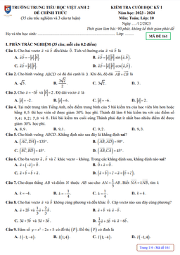 đề cuối học kỳ 1 toán 10 năm 2023 – 2024 trường việt anh 2 – bình dương