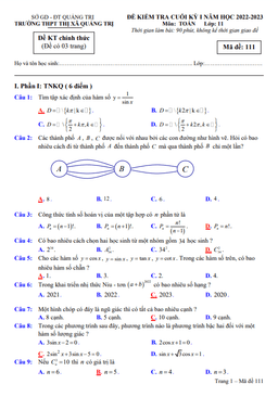 đề cuối học kỳ 1 toán 11 năm 2022 – 2023 trường thpt thị xã quảng trị
