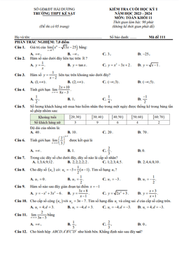 đề cuối học kỳ 1 toán 11 năm 2023 – 2024 trường thpt kẻ sặt – hải dương