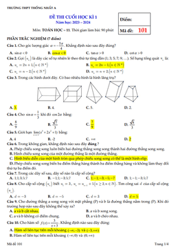 đề cuối học kỳ 1 toán 11 năm 2023 – 2024 trường thpt thống nhất a – đồng nai